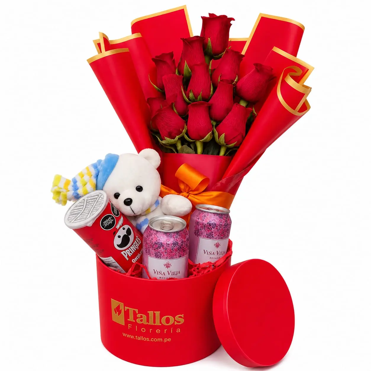 box rojo de rosas rojas con peluche y regalos para sorpresa especial delivery de flores en Lima